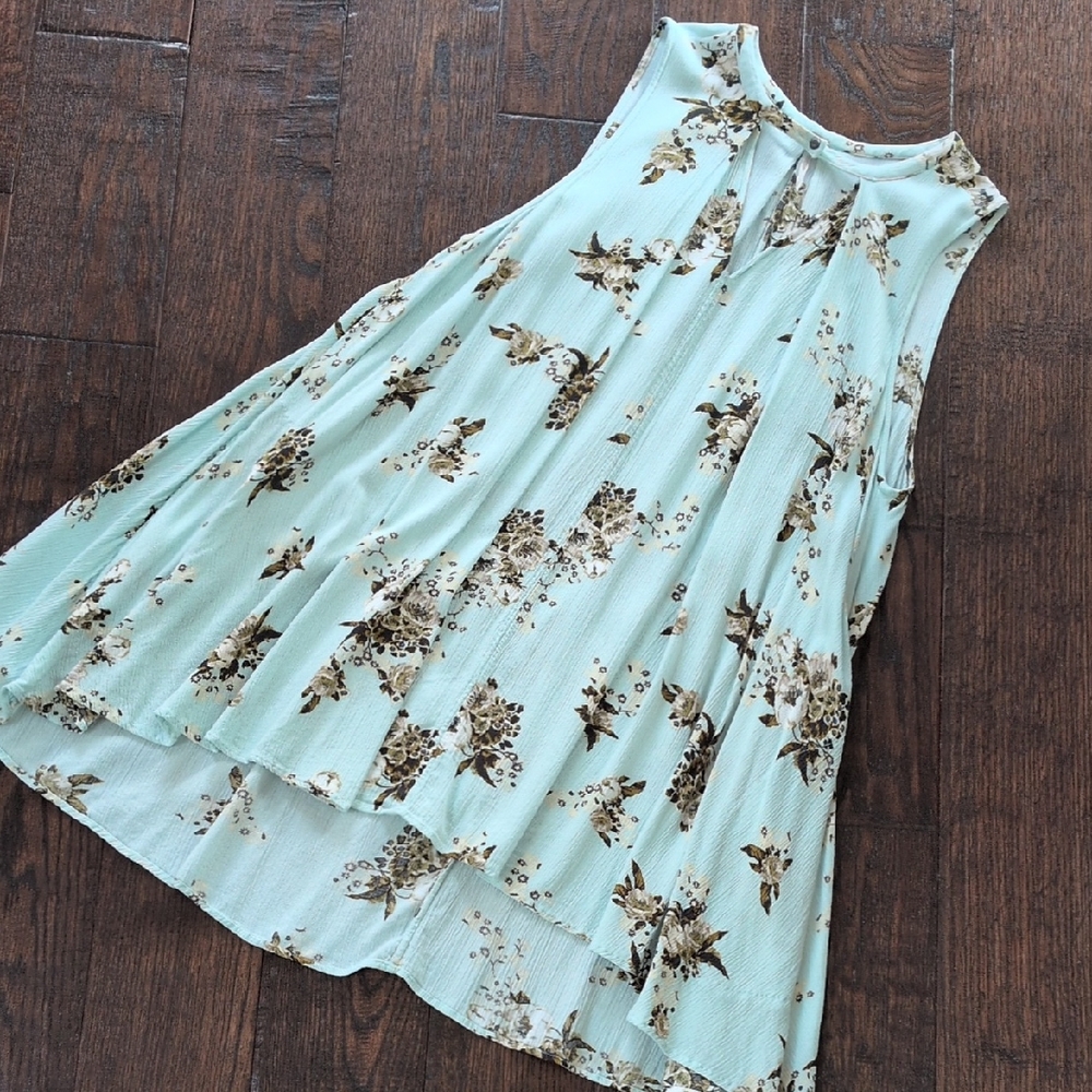 FREE PEOPLE I Mint Green Tree Floral A-Line Sleeveless Swing Tunic Mini Dress, S